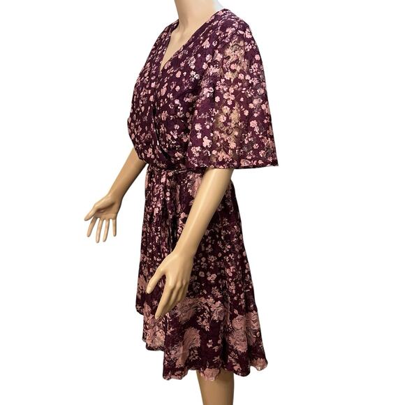 Lane Bryant Lace Faux Wrap Dress 14 Flared Floral Flutter Sleeve Belted Purple - Picture 4 of 11